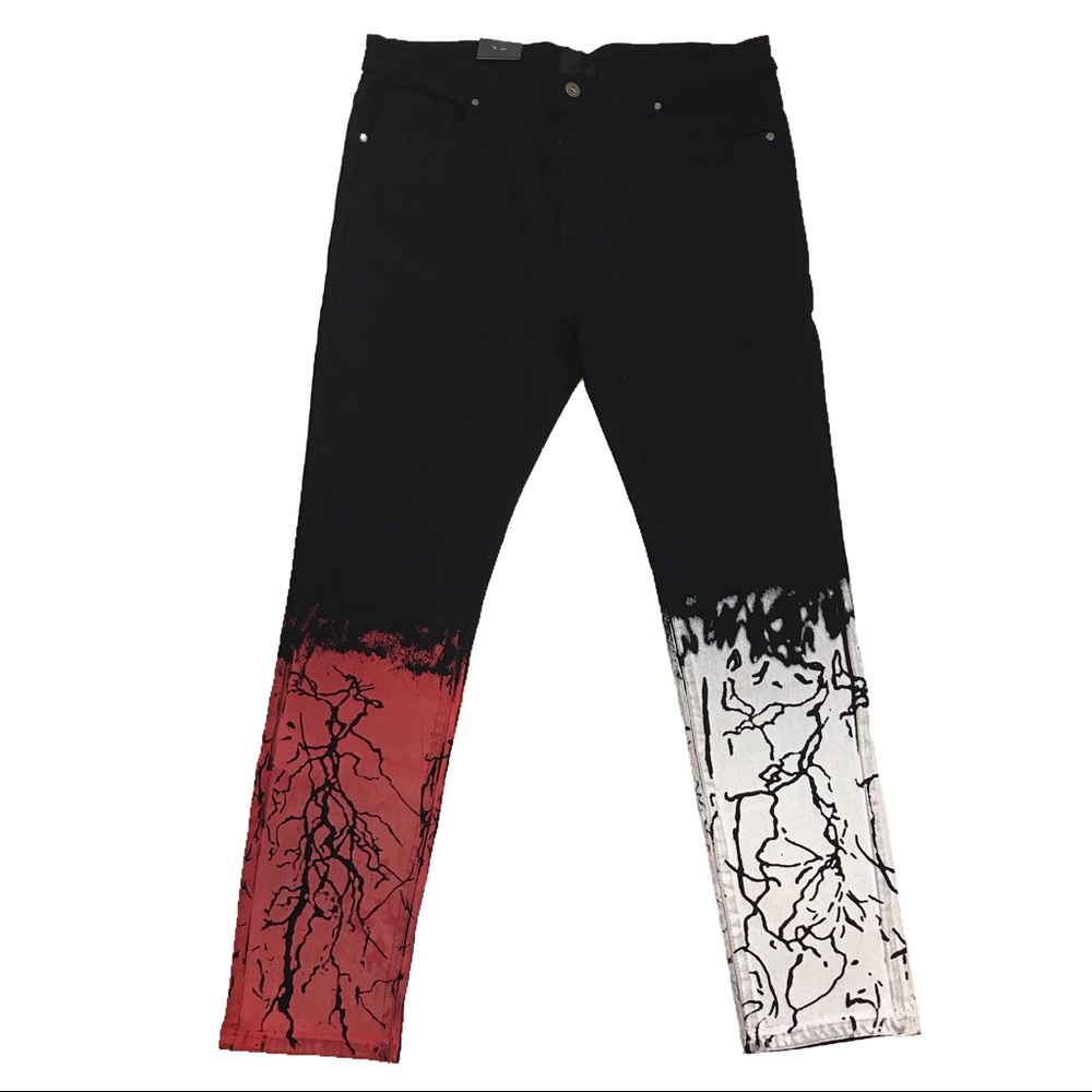Men’s “Moto Strike Down” jeans. Sizes 34, 36, 38, and 40.